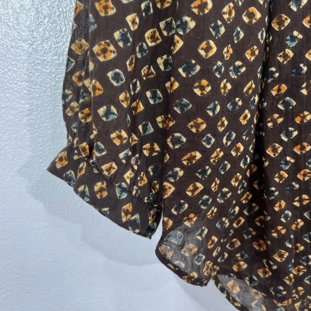 Anthropologie Boho Peasant Blouse M‎ Brown Geometric Print Cotton Sheer Batwing - Picture 11 of 12
